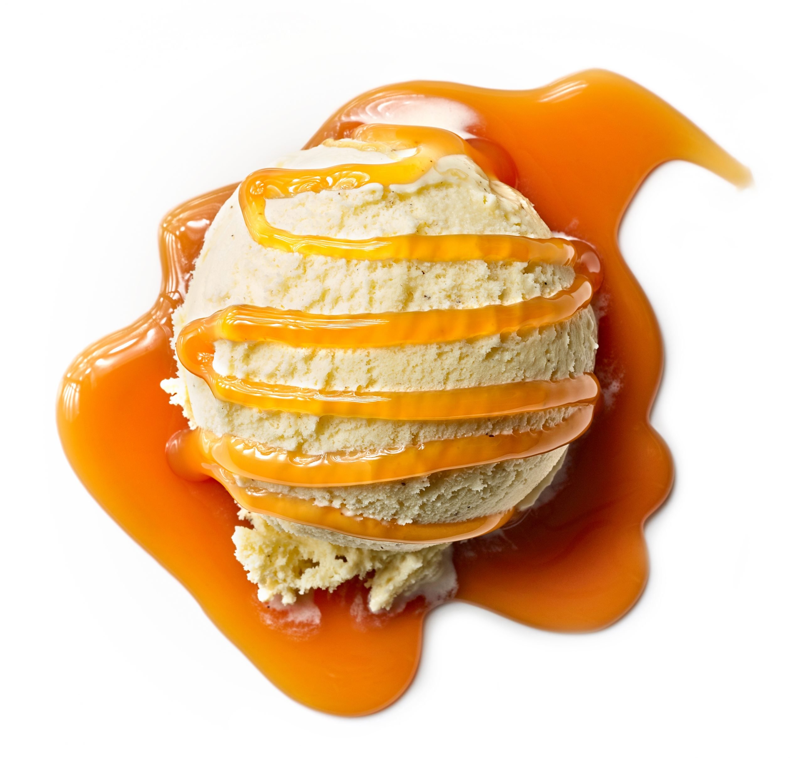 Vanilla,Ice,Cream,With,Caramel,Sauce,Isolated,On,White,Background,
